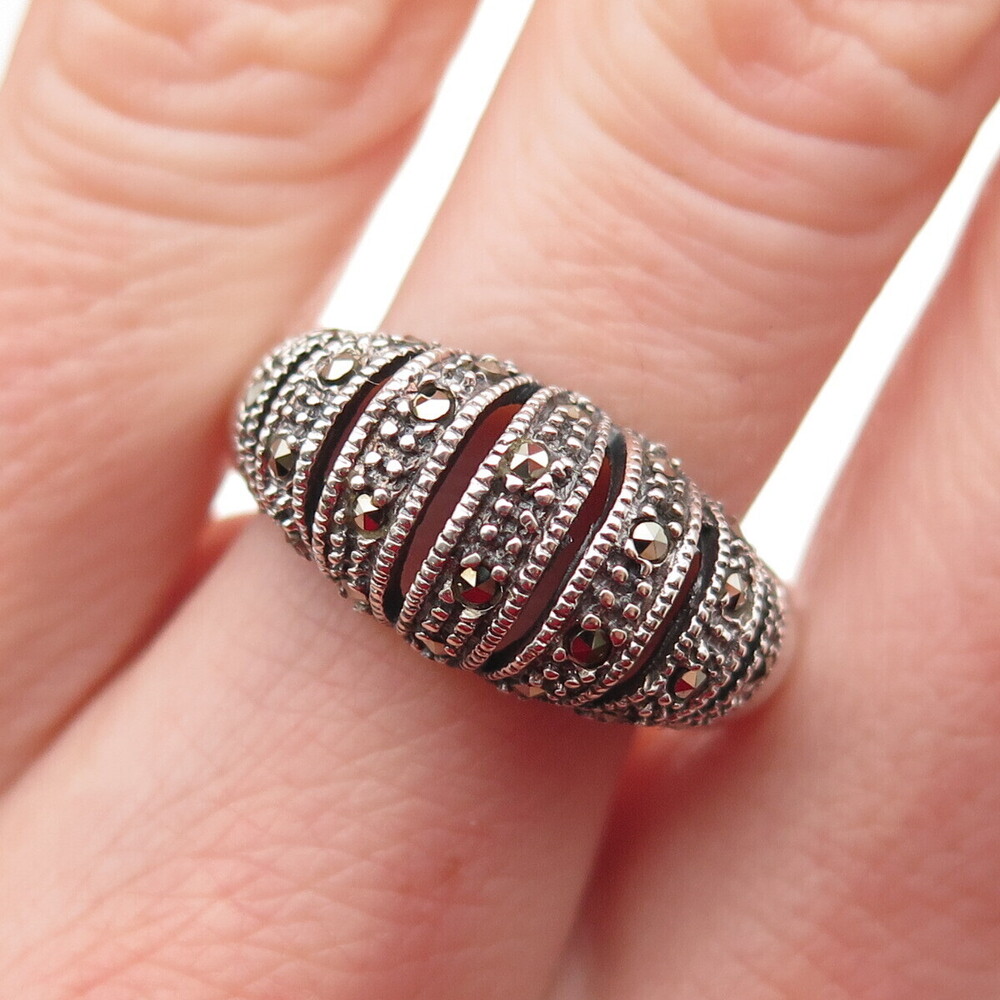 925 Sterling Silver Vintage Real Marcasite Ribbed Dome Oxidized Ring Size 7.75